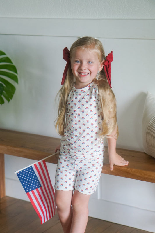 Red White & Blue Tulip 2pc Bamboo Pajamas by Little Joy Co., product view 2