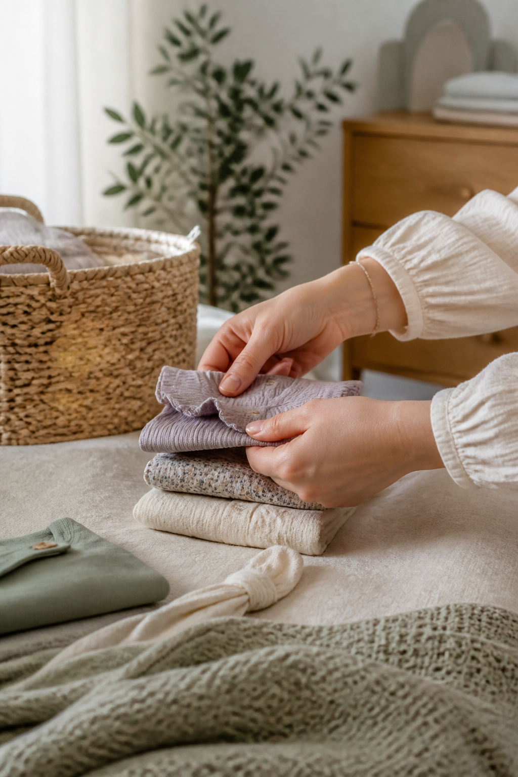 Hands folding soft neutral and lavender baby clothing in a warm nursery.