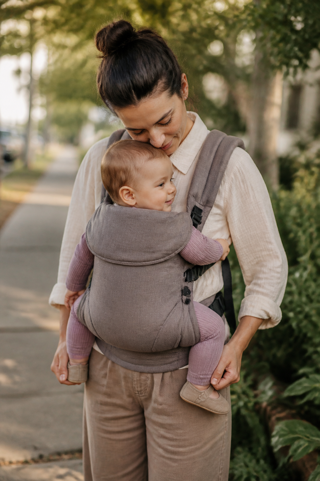 Parent carrying a baby in a soft carrier during a quiet outdoor walk.