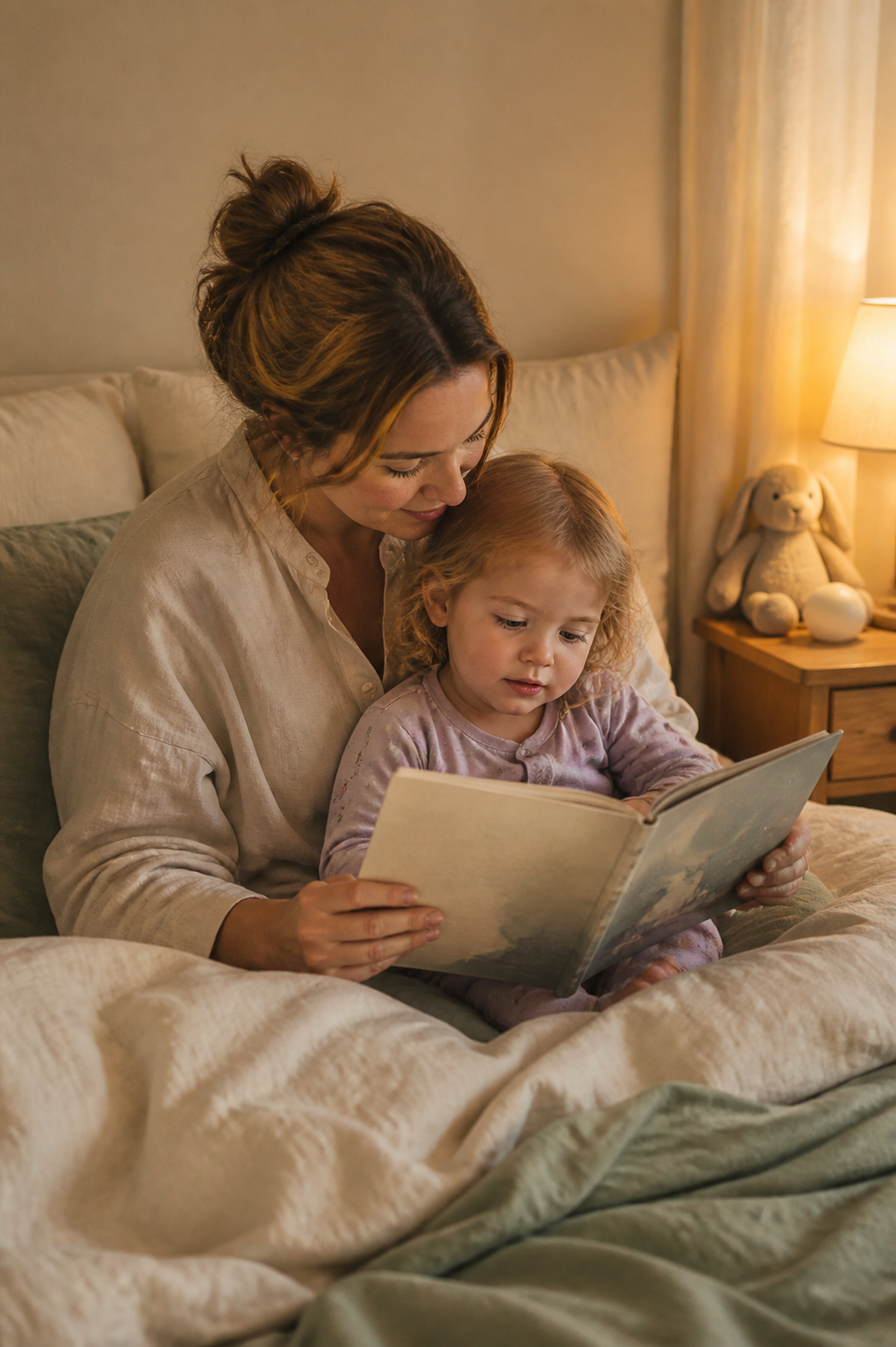 Parent and baby sharing a quiet book during a gentle bedtime routine.