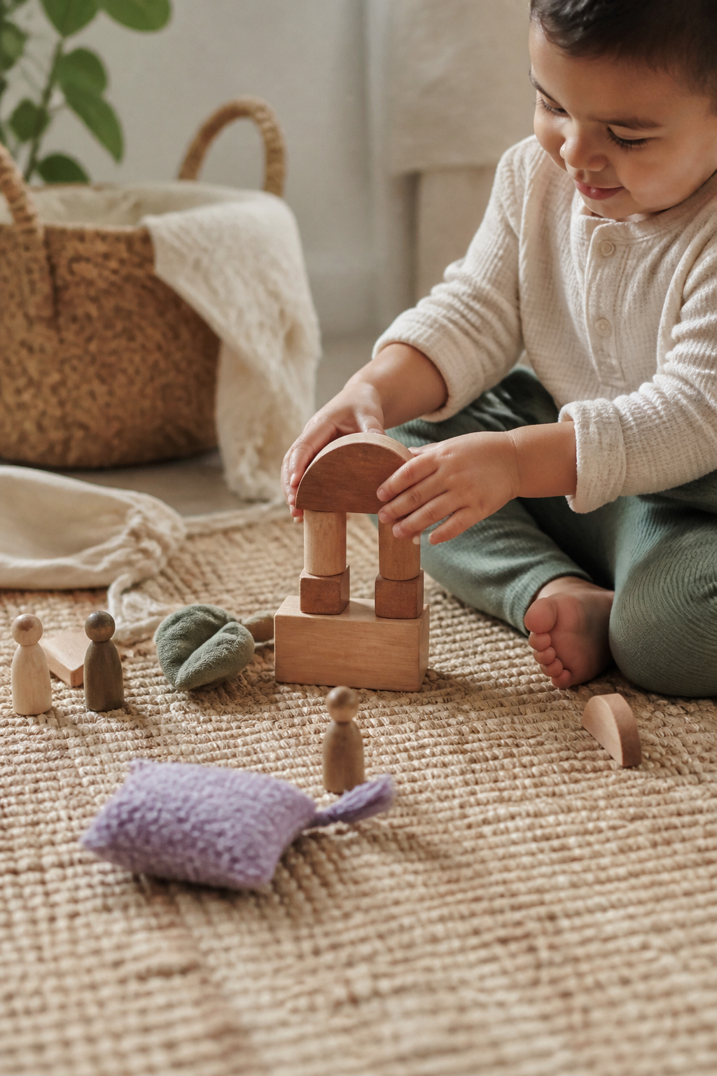 Young child exploring soft toys during relaxed playtime in a warm family room.