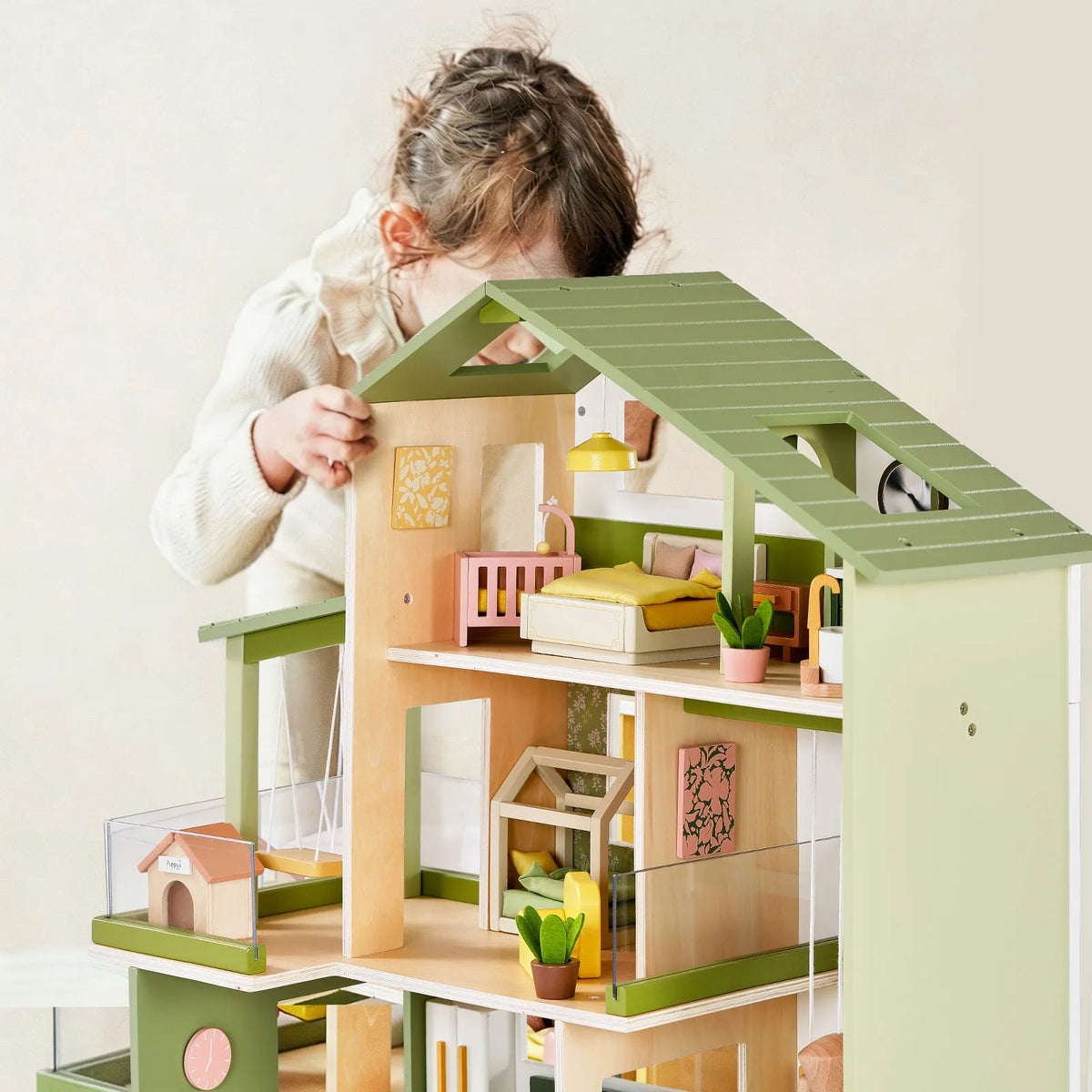 Tiny Land Sweetwood Edge Wooden Dollhouse – Green or Pink