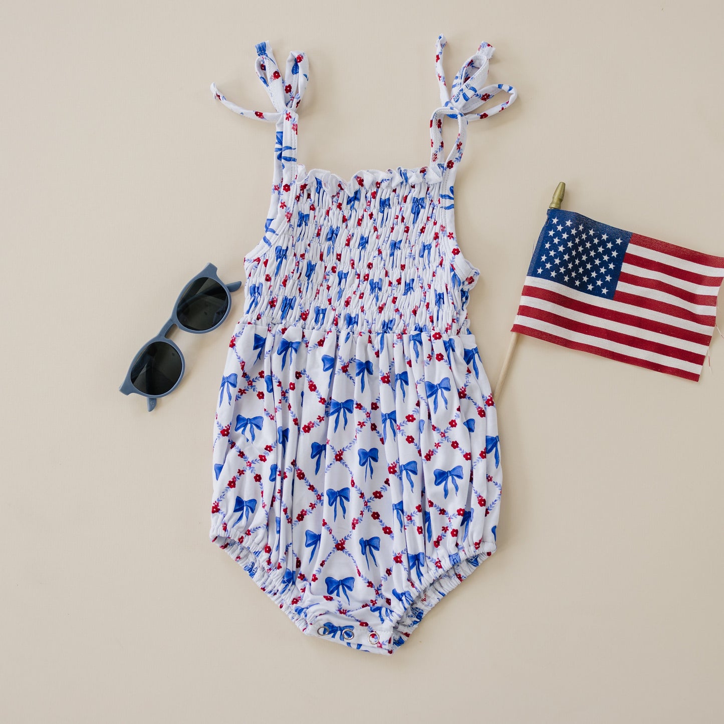Smocked Red, White and Bows Bamboo Bubble Romper by Little Joy Co., product view 2