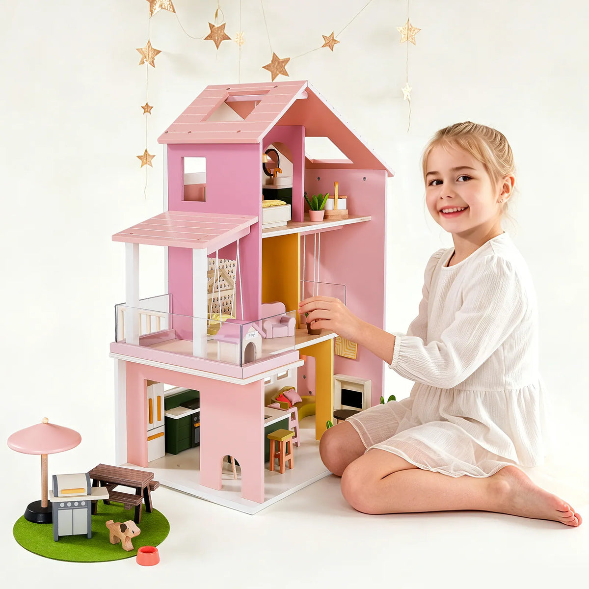 Tiny Land Sweetwood Edge Wooden Dollhouse – Green or Pink