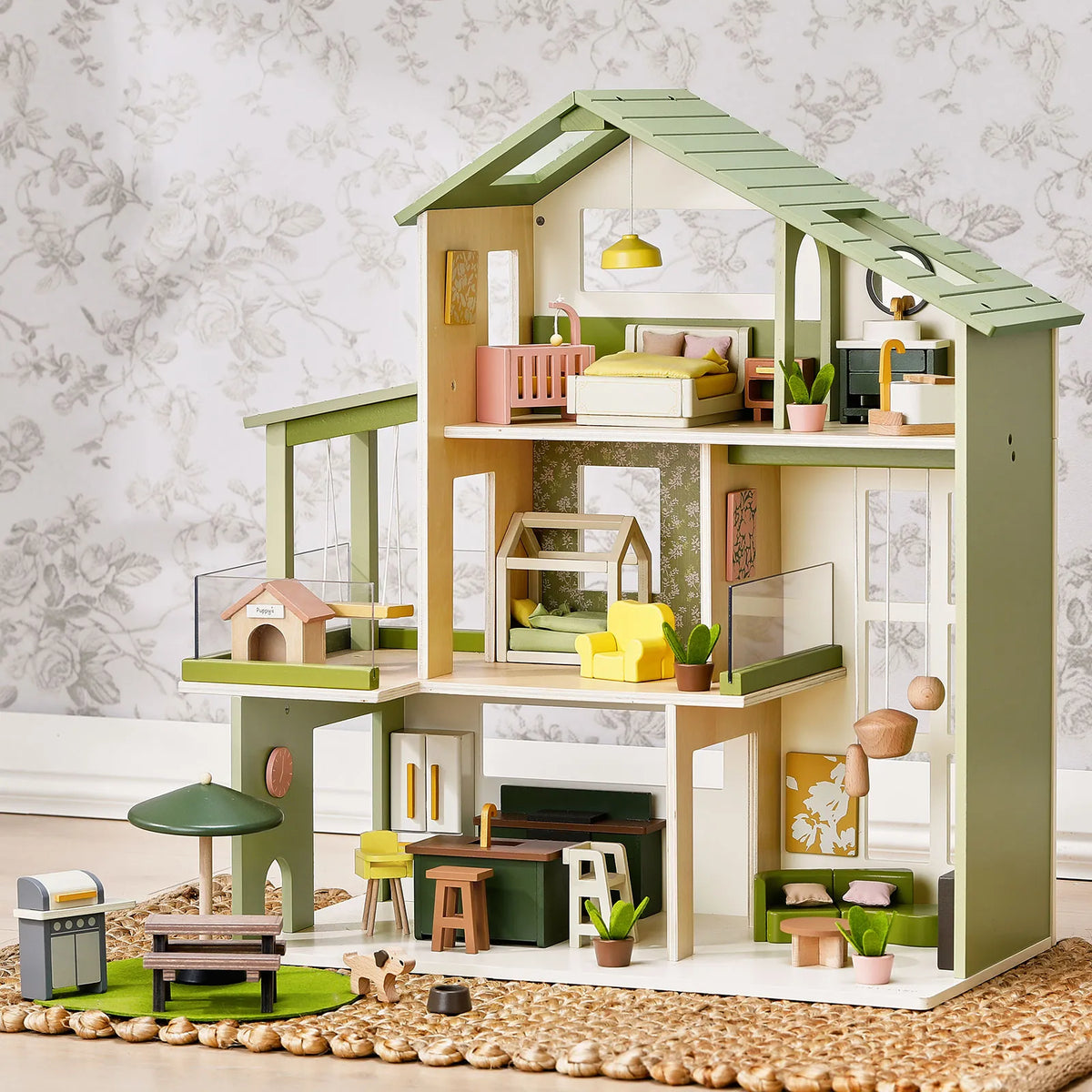 Tiny Land Sweetwood Edge Wooden Dollhouse – Green or Pink