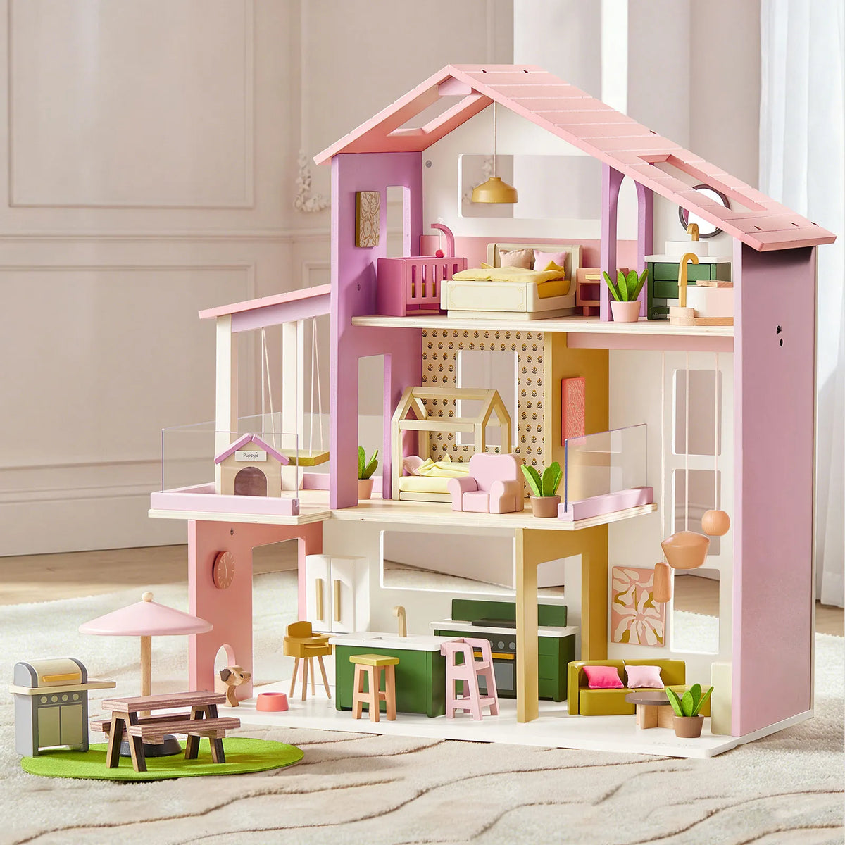 Tiny Land Sweetwood Edge Wooden Dollhouse – Green or Pink