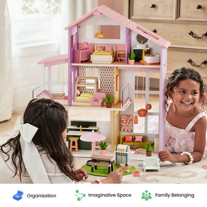Tiny Land Sweetwood Edge Wooden Dollhouse – Green or Pink