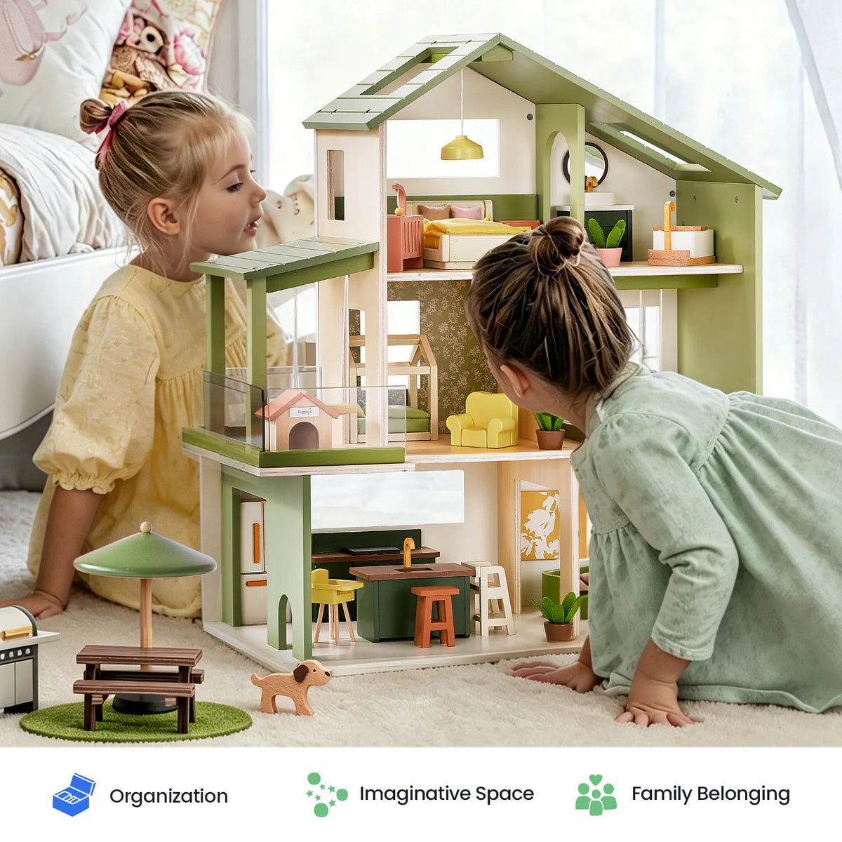 Tiny Land Sweetwood Edge Wooden Dollhouse – Green or Pink