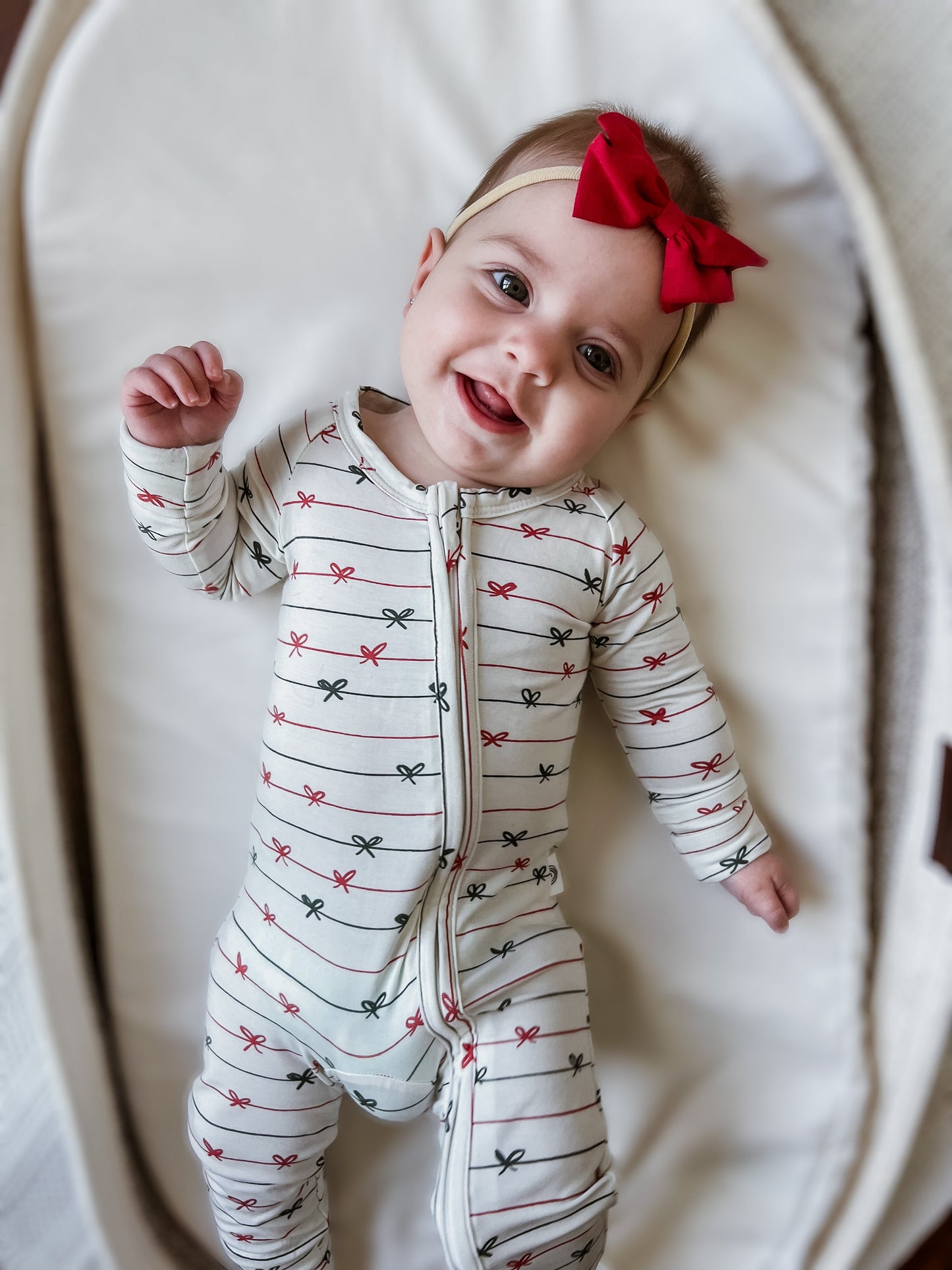Tied with a Bow Christmas Bamboo Zippy Pajamas by Little Joy Co., product view 5
