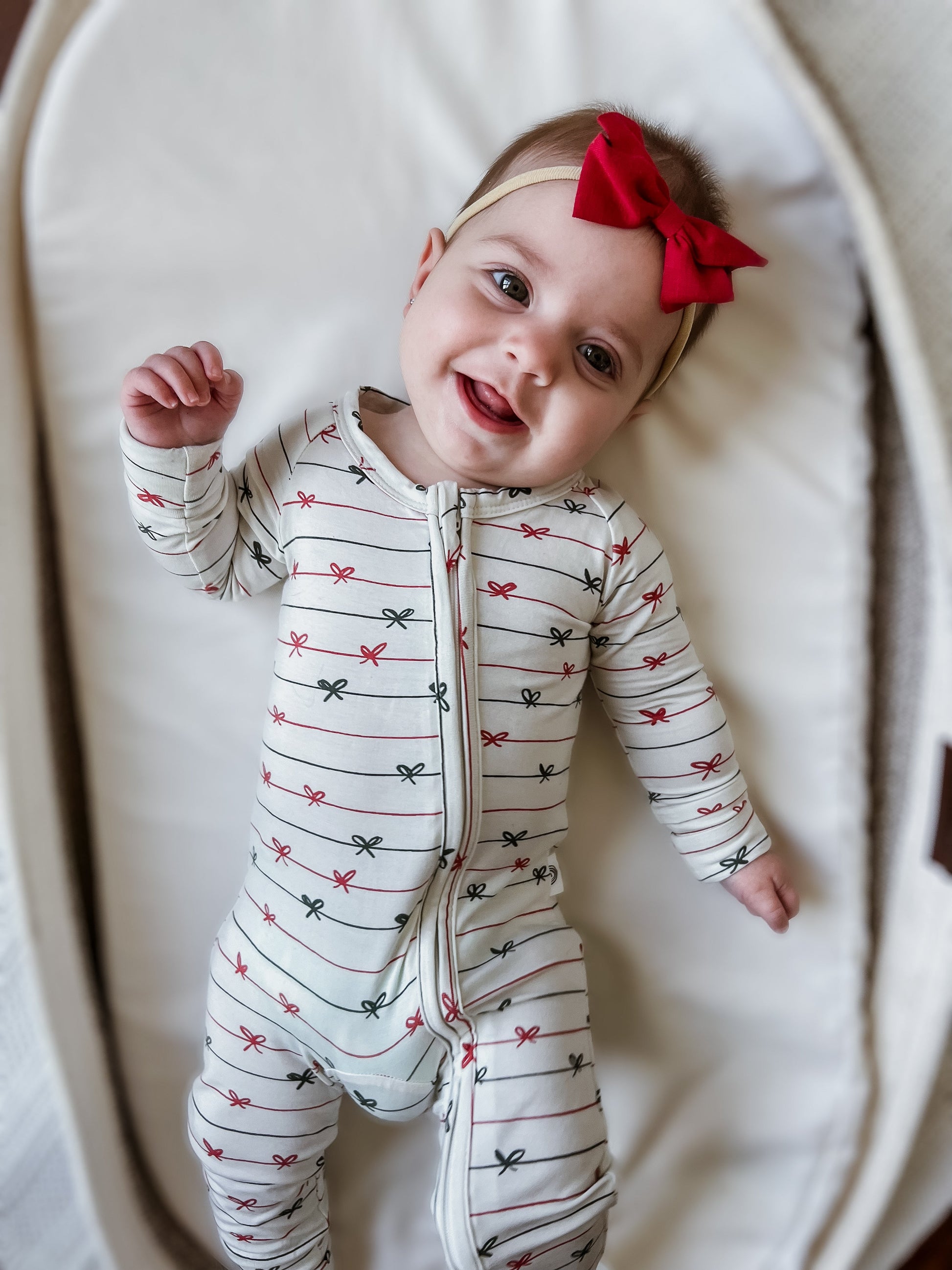Tied with a Bow Christmas Bamboo Zippy Pajamas by Little Joy Co., product view 5