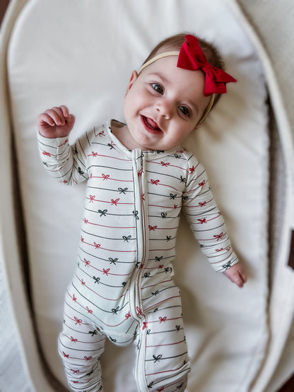 Tied with a Bow Christmas Bamboo Zippy Pajamas by Little Joy Co., product view 5