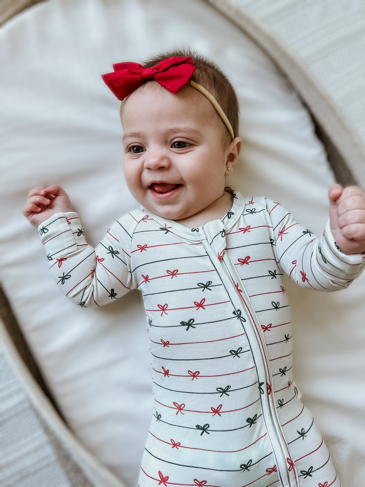 Tied with a Bow Christmas Bamboo Zippy Pajamas by Little Joy Co., product view 6