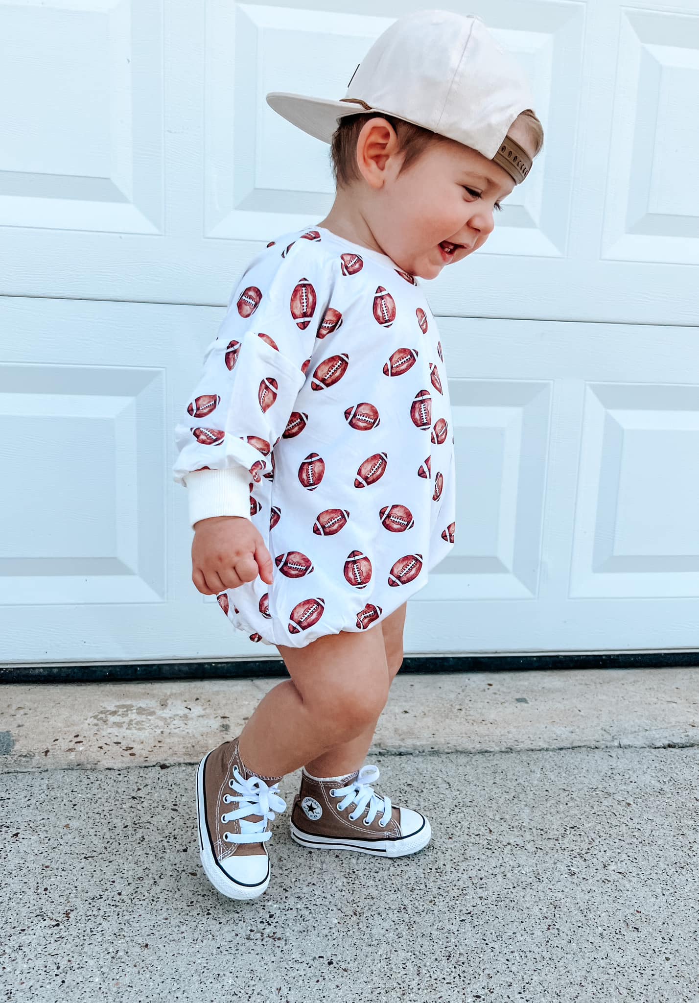 Football Print Bamboo Bubble Romper with Optional Embroidery by Little Joy Co.