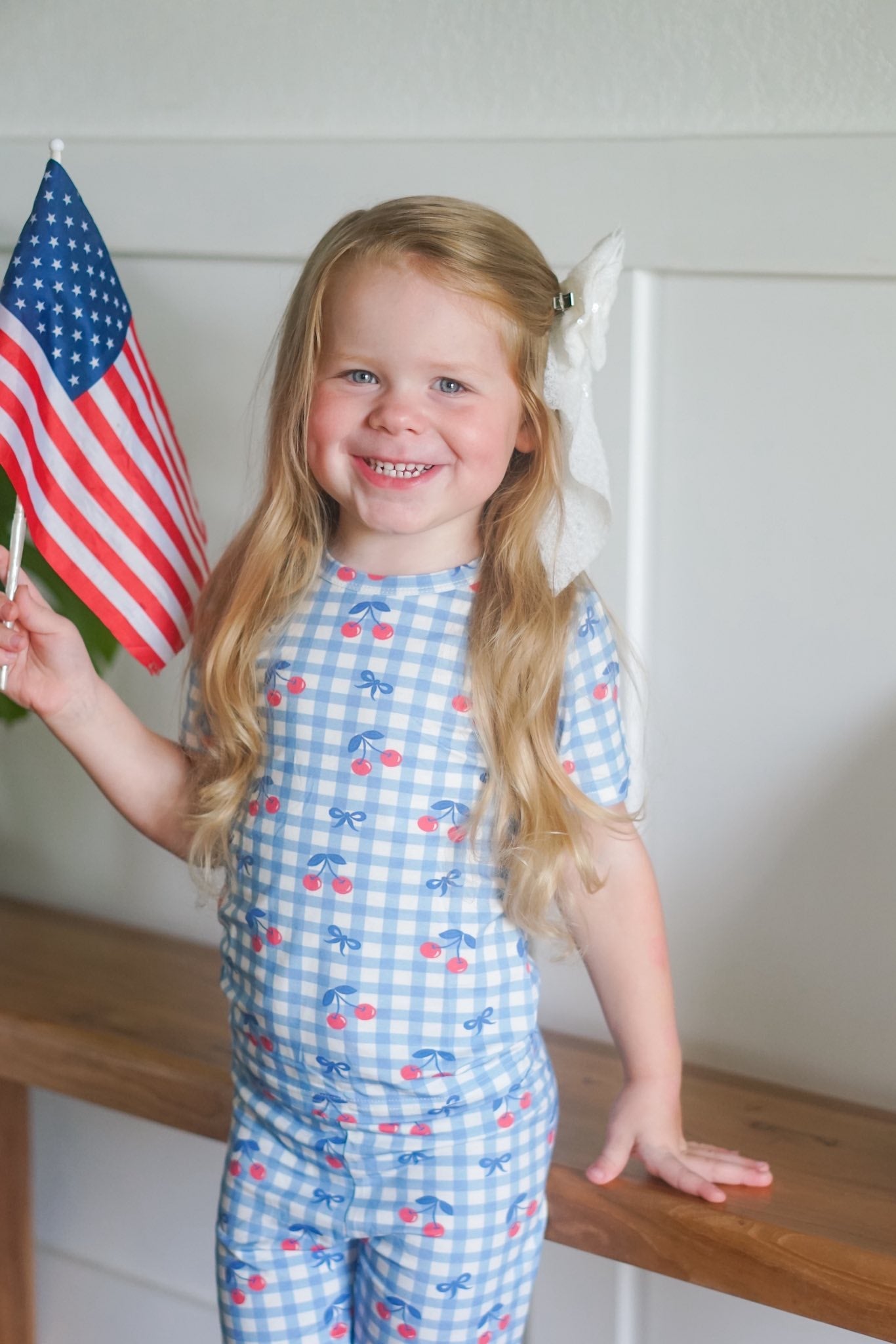 Red White & Blue Cherry Cherry Gingham 2pc Bamboo Pajamas by Little Joy Co., product view 2