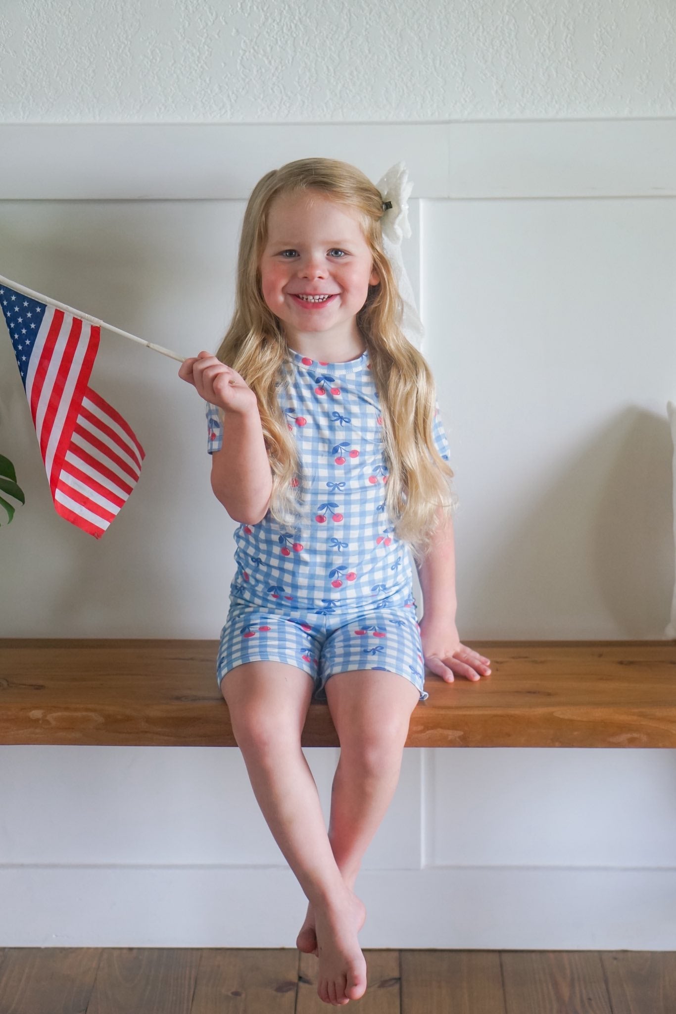 Red White & Blue Cherry Cherry Gingham 2pc Bamboo Pajamas by Little Joy Co., product view 3