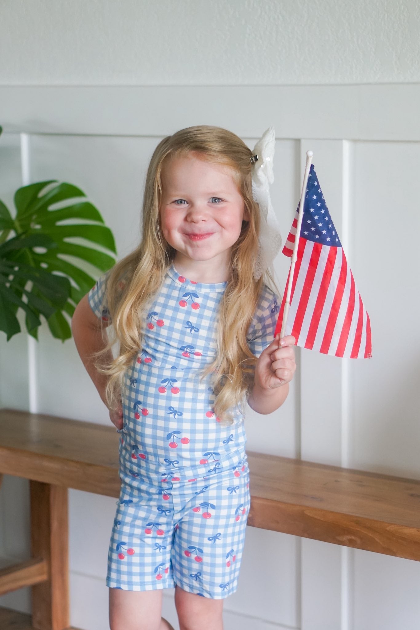 Red White & Blue Cherry Cherry Gingham 2pc Bamboo Pajamas by Little Joy Co.