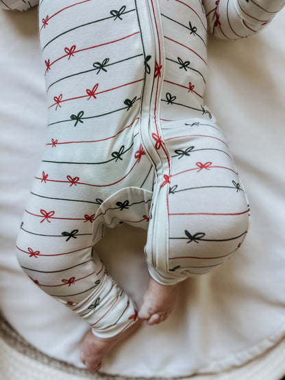 Tied with a Bow Christmas Bamboo Zippy Pajamas by Little Joy Co., product view 2