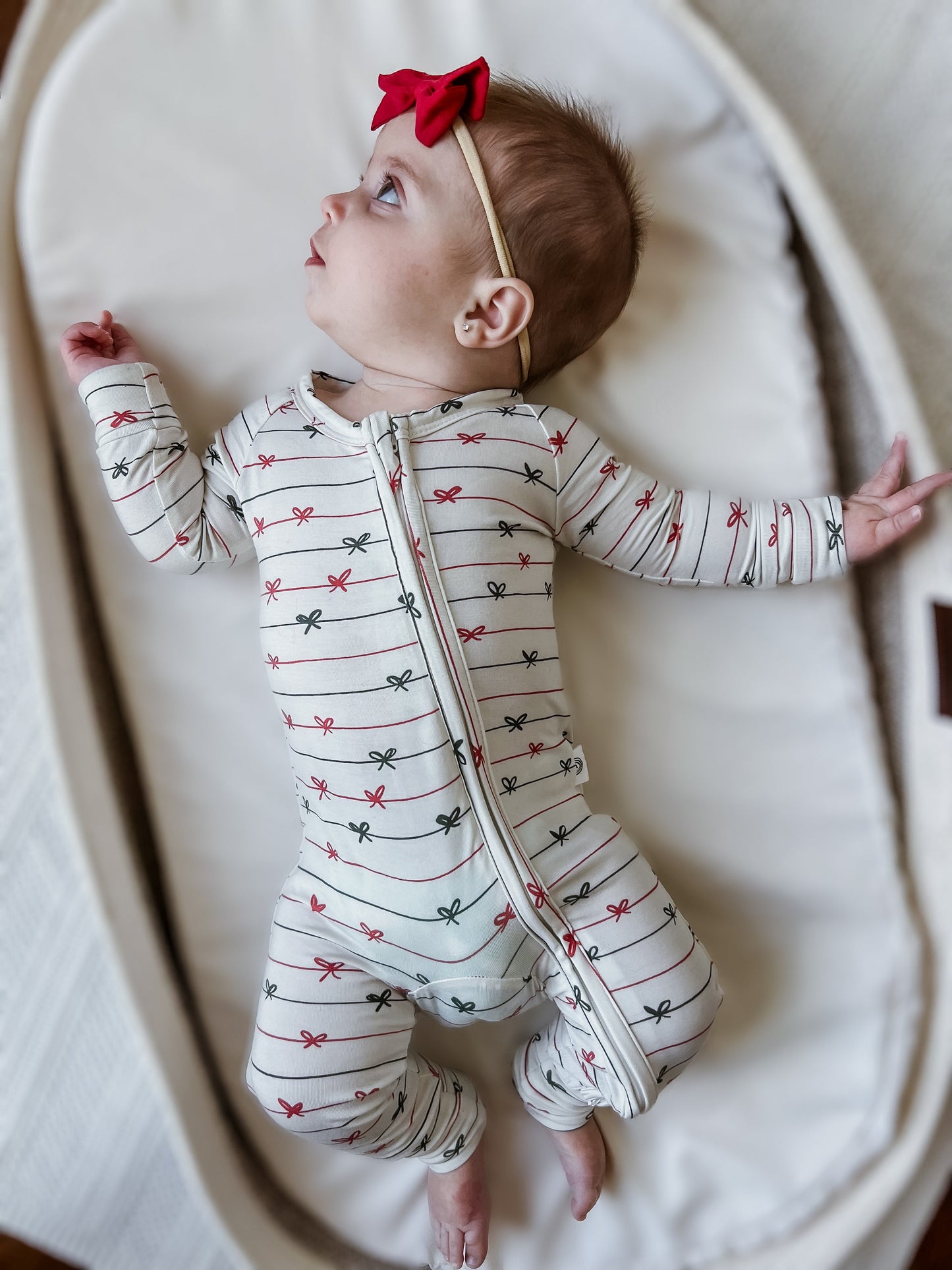 Tied with a Bow Christmas Bamboo Zippy Pajamas by Little Joy Co., product view 4