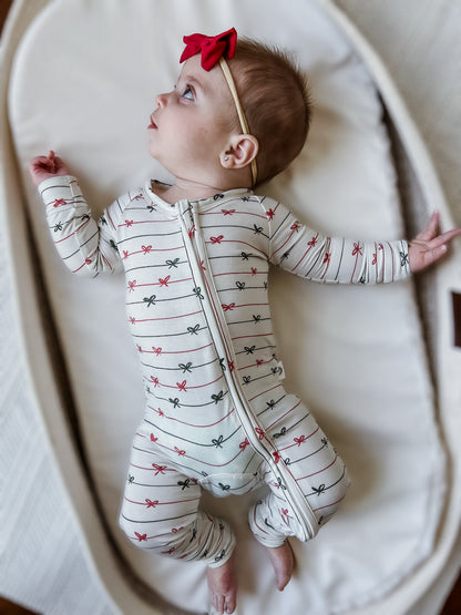 Tied with a Bow Christmas Bamboo Zippy Pajamas by Little Joy Co., product view 4