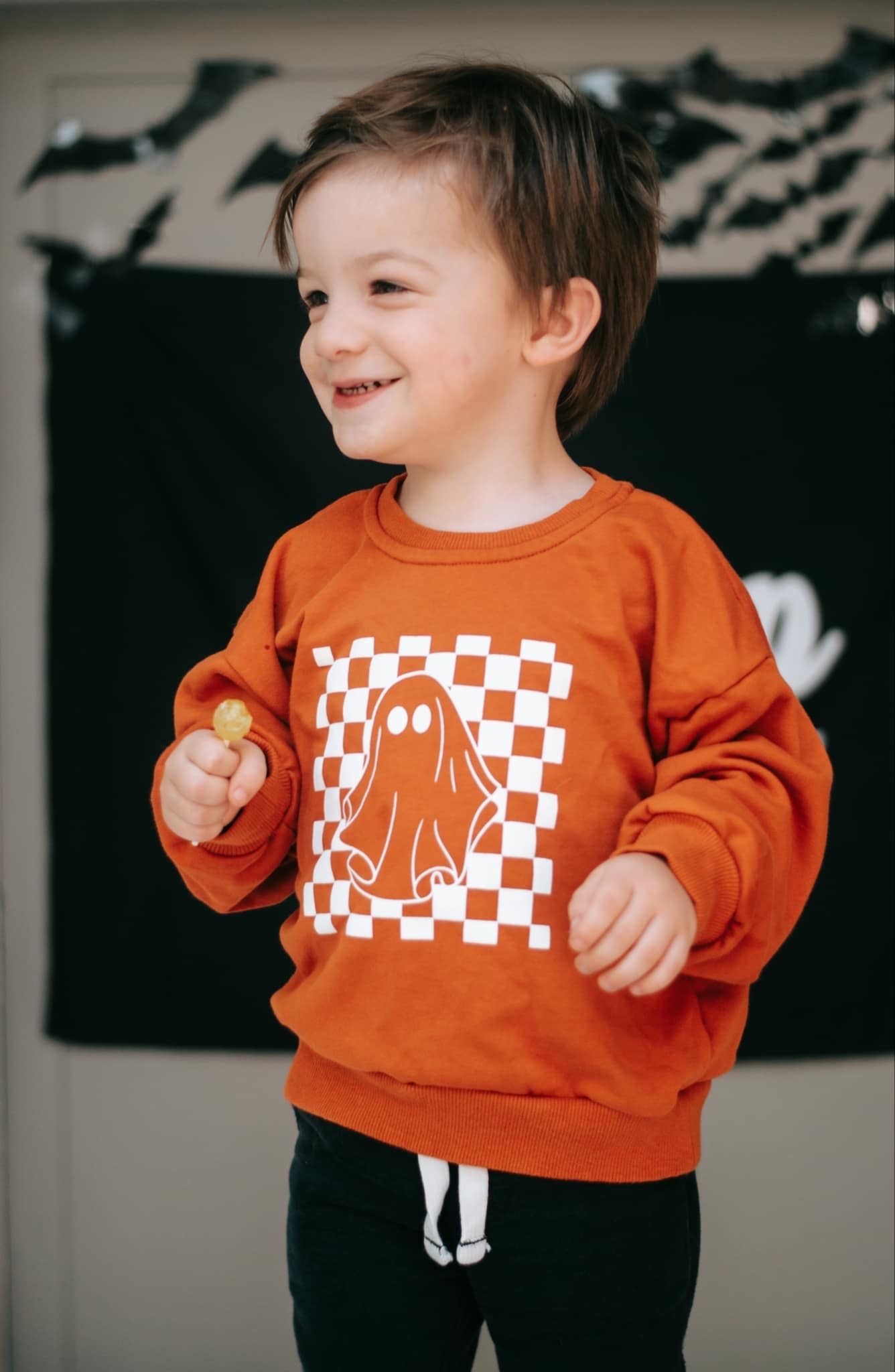 Checkered Ghost Crewneck Sweatshirt - Orange by Little Joy Co.