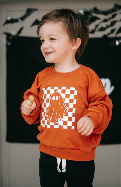 Checkered Ghost Crewneck Sweatshirt - Orange by Little Joy Co.