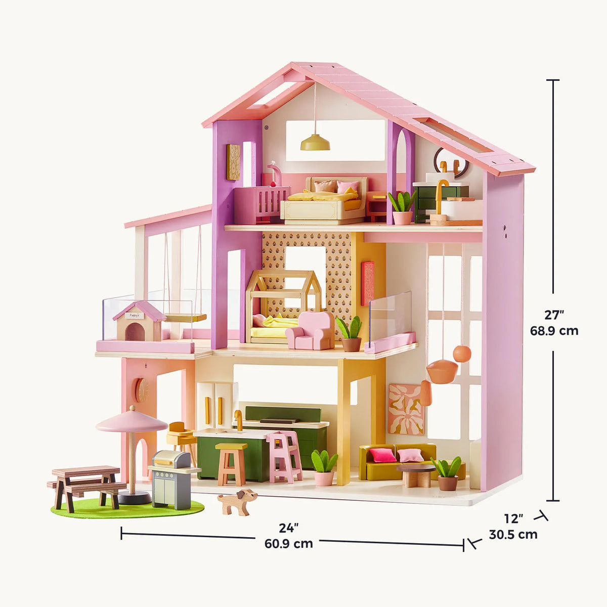 Tiny Land Sweetwood Edge Wooden Dollhouse – Green or Pink
