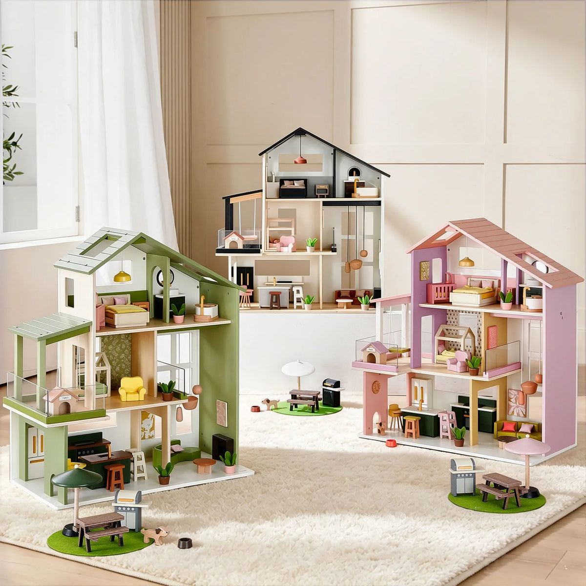 Tiny Land Sweetwood Edge Wooden Dollhouse – Green or Pink