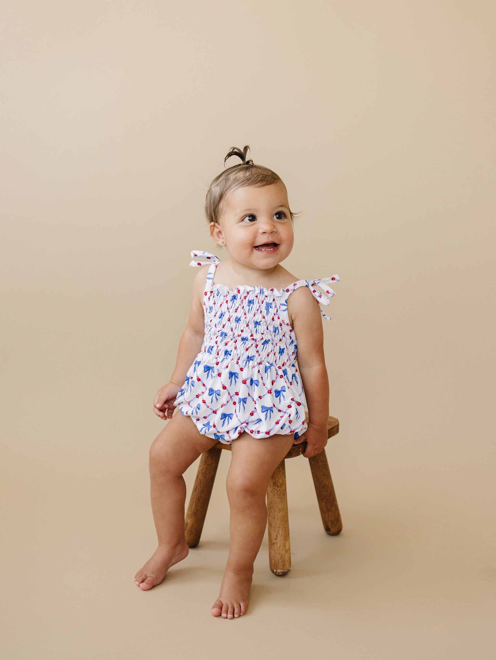 Smocked Red, White and Bows Bamboo Bubble Romper by Little Joy Co., product view 9
