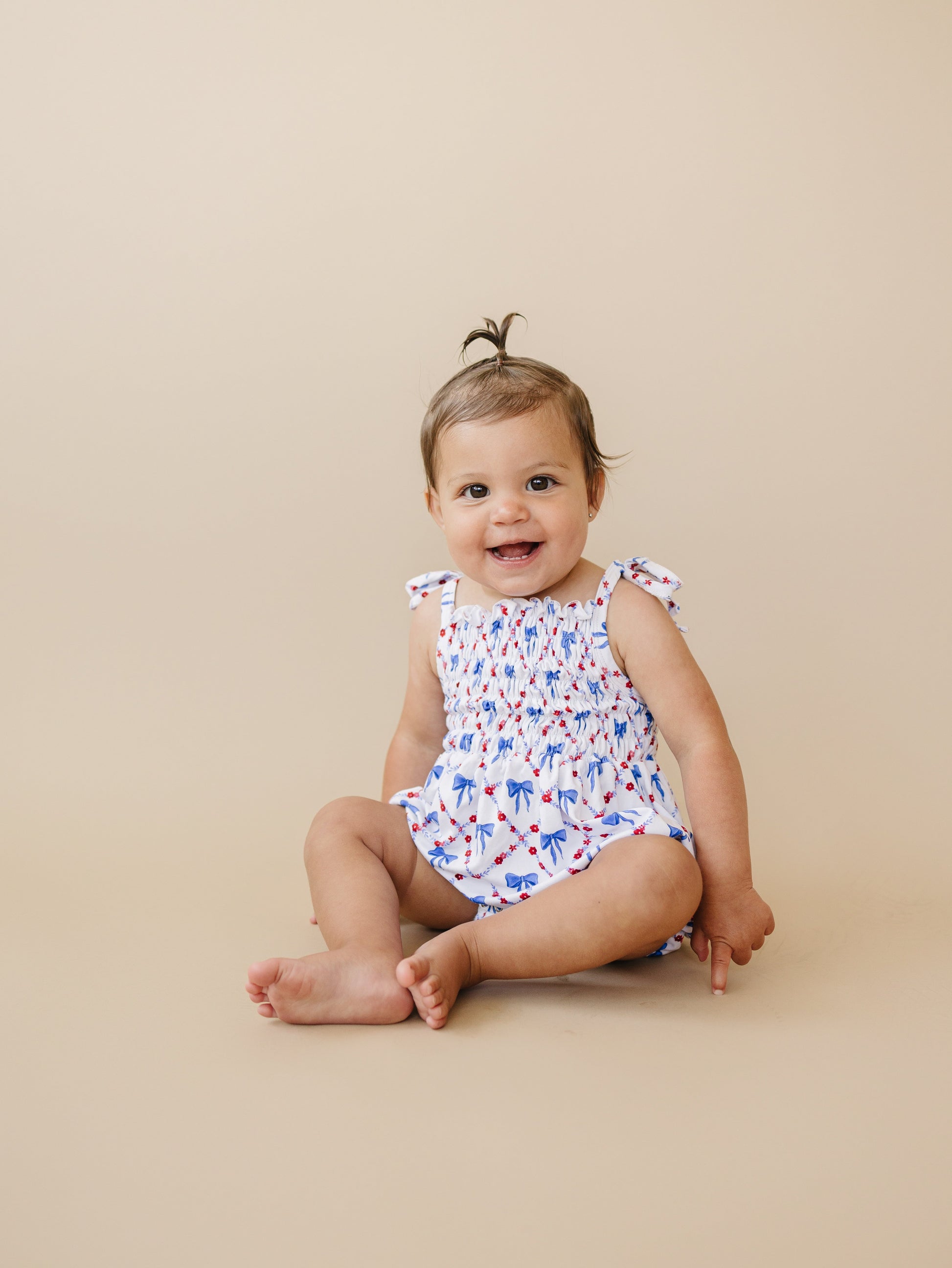 Smocked Red, White and Bows Bamboo Bubble Romper by Little Joy Co., product view 4