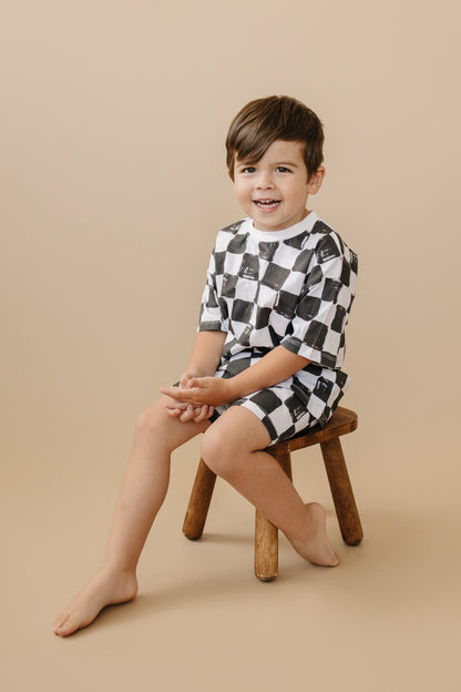 Organic Cotton Black & White Checkered Shorts Set by Little Joy Co., product view 10