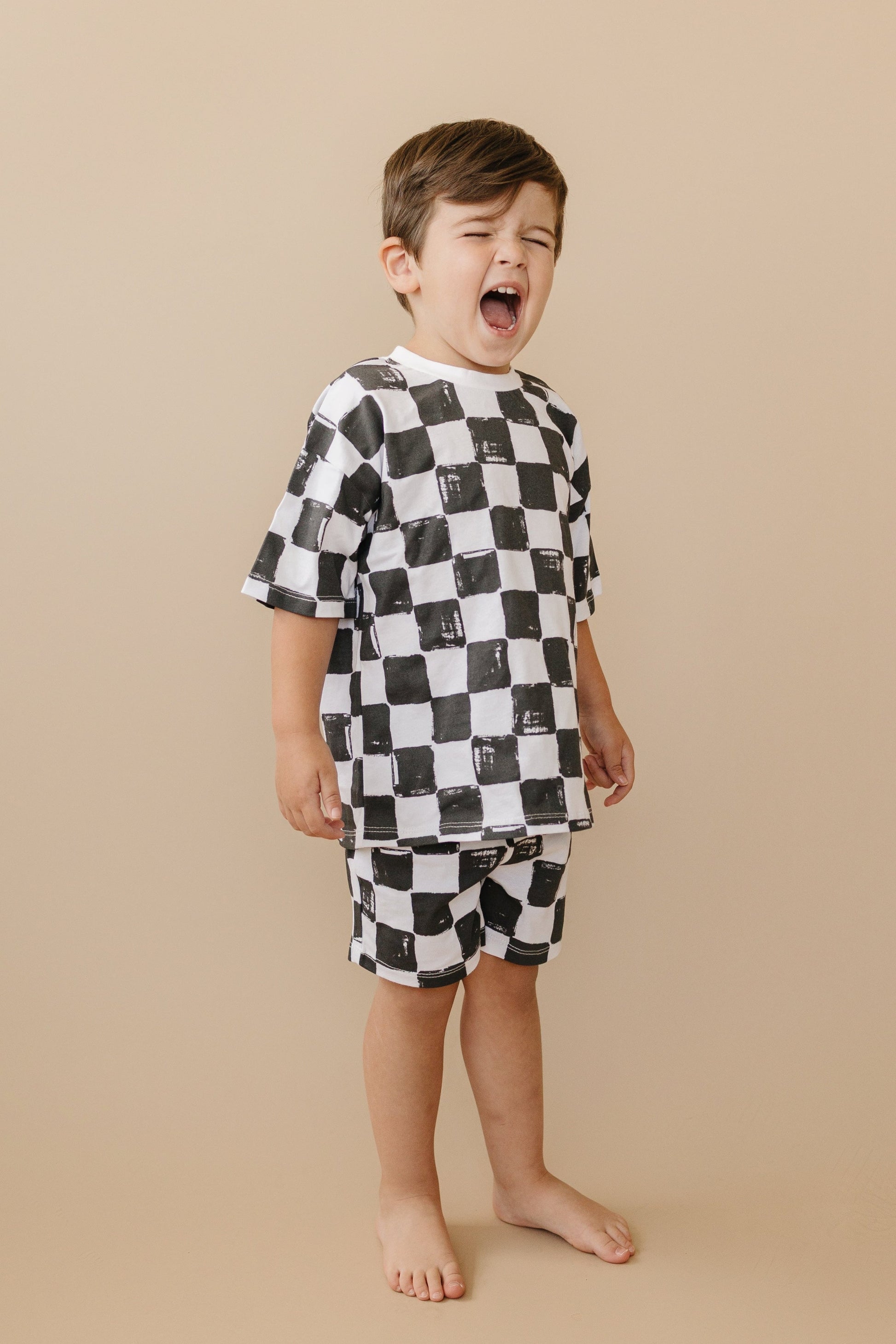 Organic Cotton Black & White Checkered Shorts Set by Little Joy Co., product view 4