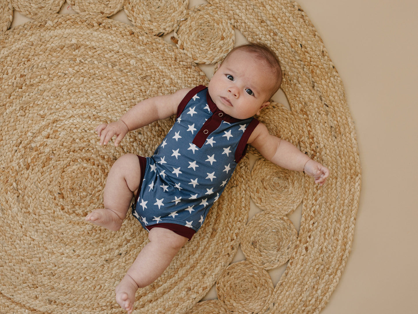 Navy Stars Henley Bamboo Romper by Little Joy Co., product view 5
