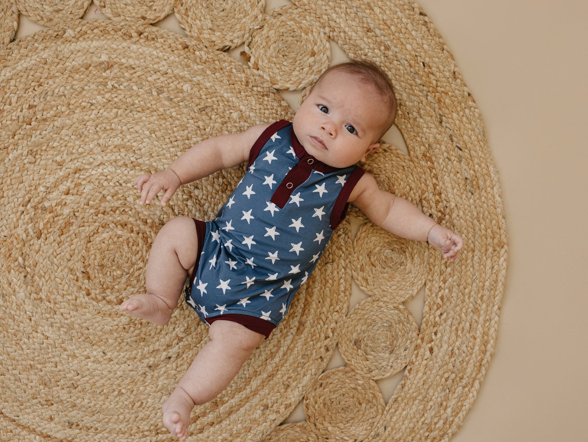 Navy Stars Henley Bamboo Romper by Little Joy Co., product view 5