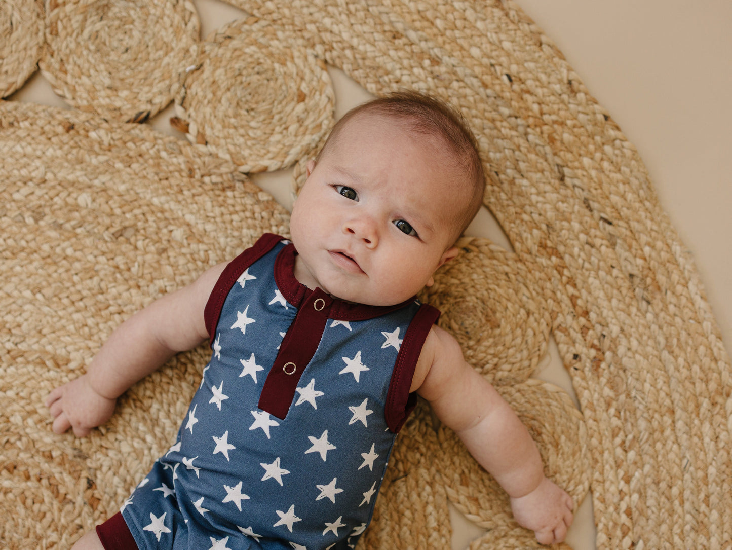 Navy Stars Henley Bamboo Romper by Little Joy Co., product view 7