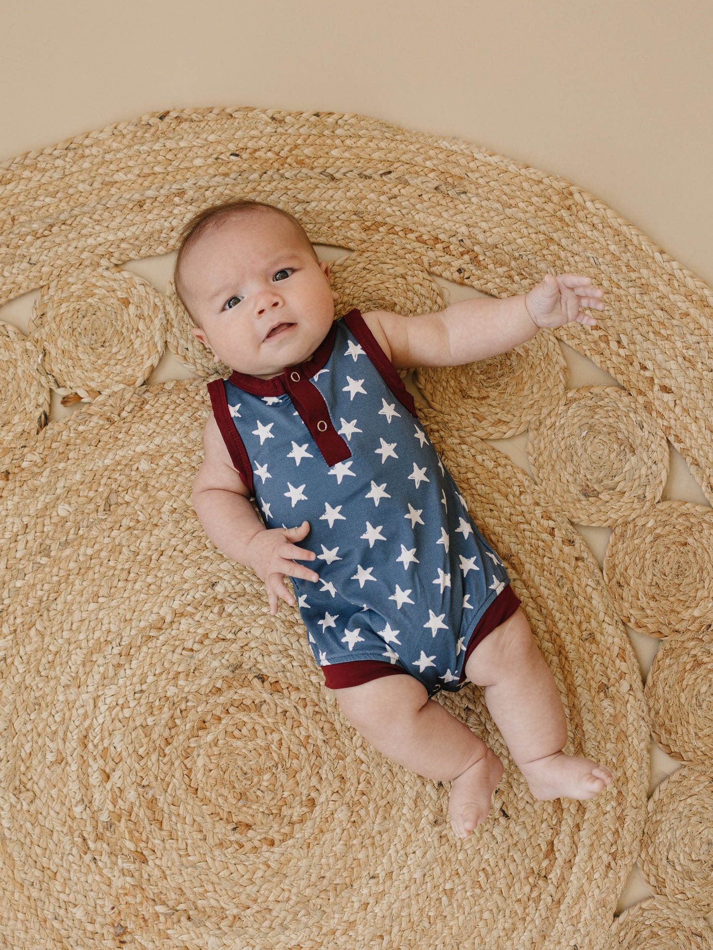 Navy Stars Henley Bamboo Romper by Little Joy Co., product view 3