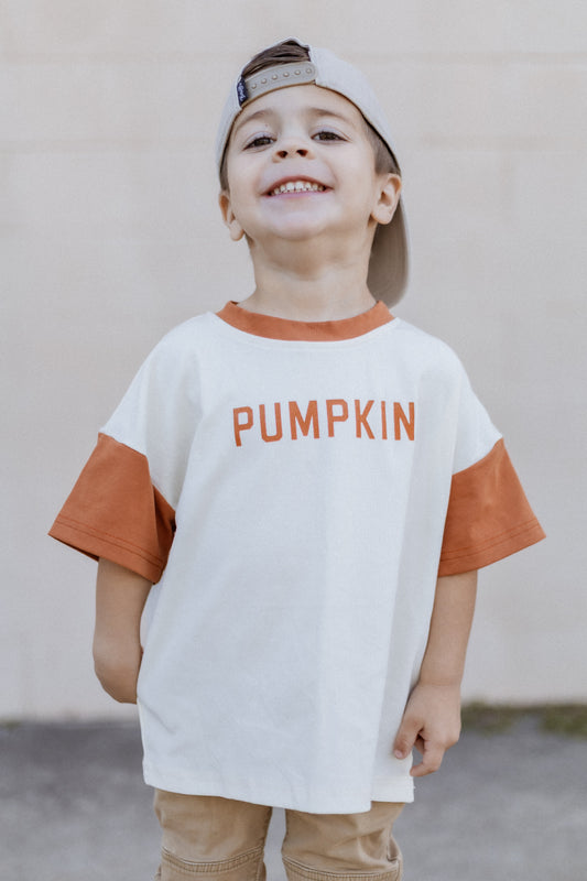 Colorblock Pumpkin Oversized Tee or T-Shirt Romper by Little Joy Co., product view 2