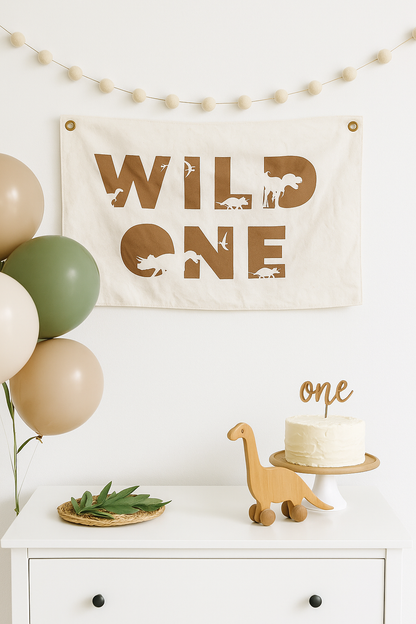 Wild One First Birthday Canvas Banner - Dino Theme by Little Joy Co.