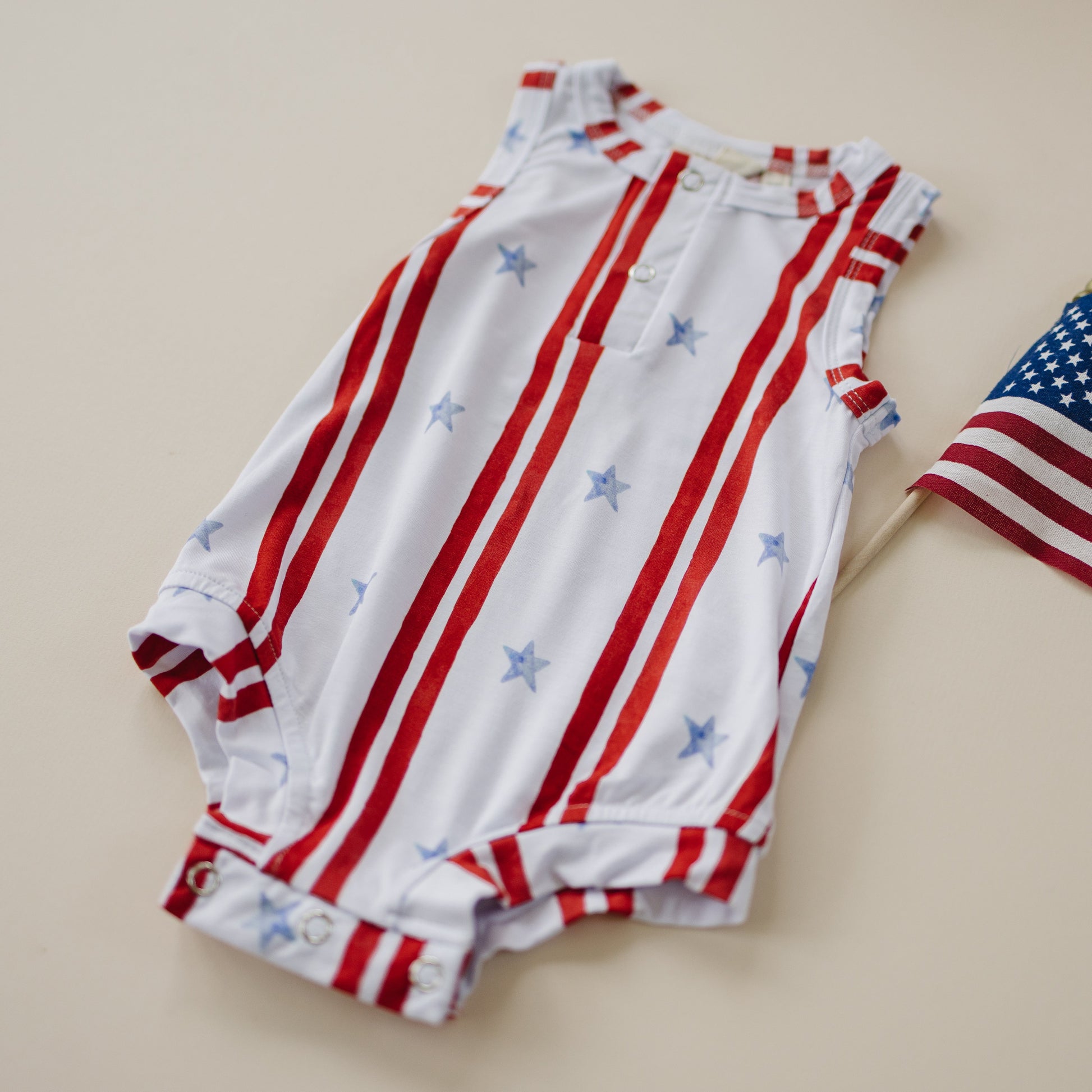 Stars & Stripes Henley Bamboo Romper by Little Joy Co., product view 2