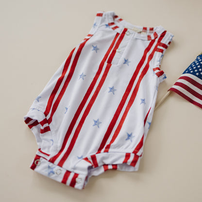Stars & Stripes Henley Bamboo Romper by Little Joy Co., product view 2
