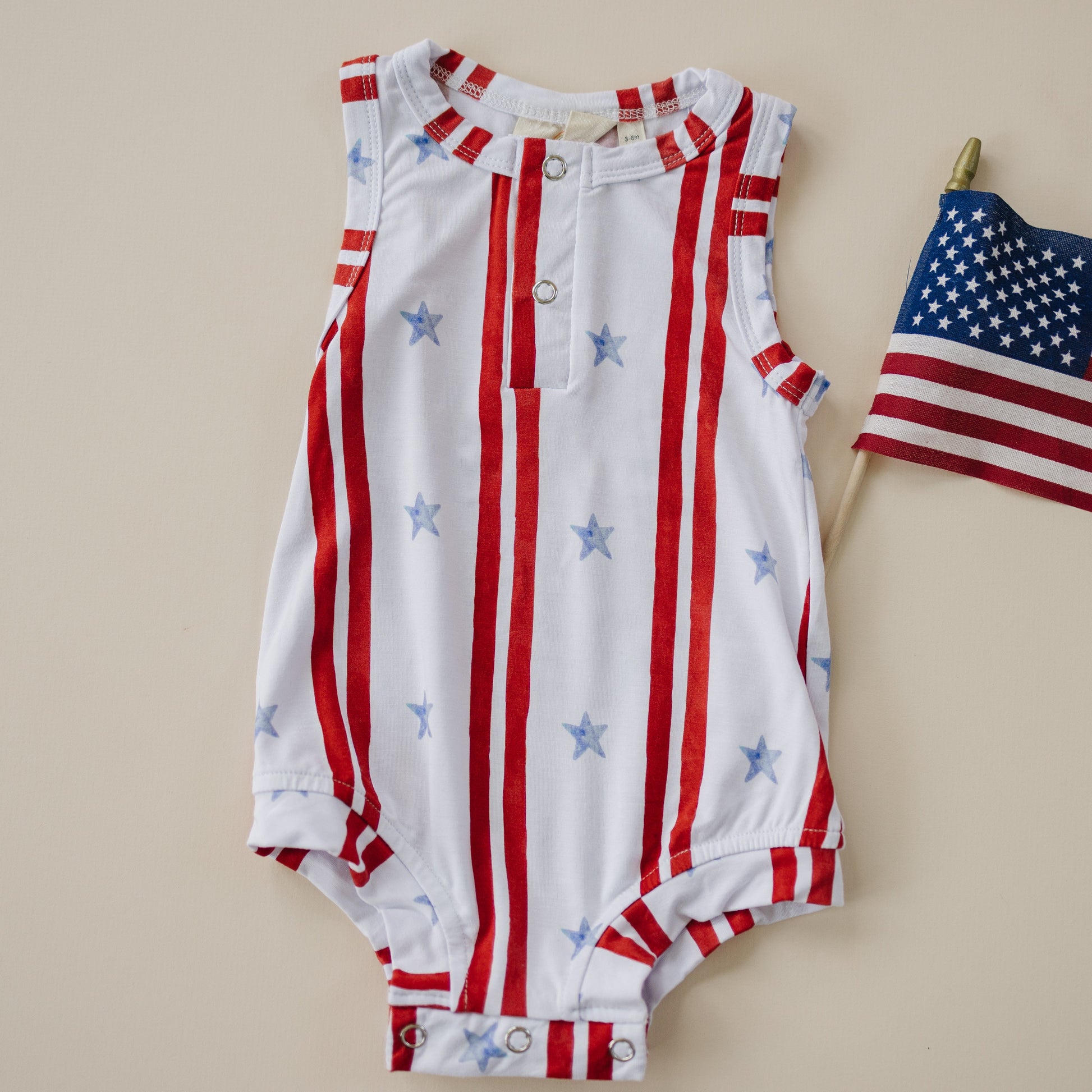 Stars & Stripes Henley Bamboo Romper by Little Joy Co., product view 3