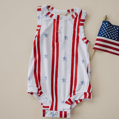 Stars & Stripes Henley Bamboo Romper by Little Joy Co., product view 3