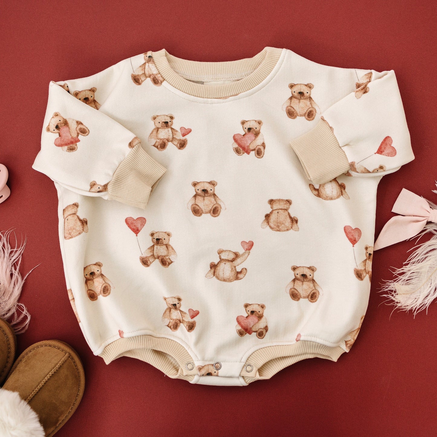 Teddy Bear Hearts Sweatshirt Romper by Little Joy Co., product view 2