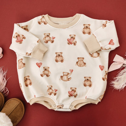 Teddy Bear Hearts Sweatshirt Romper by Little Joy Co., product view 2