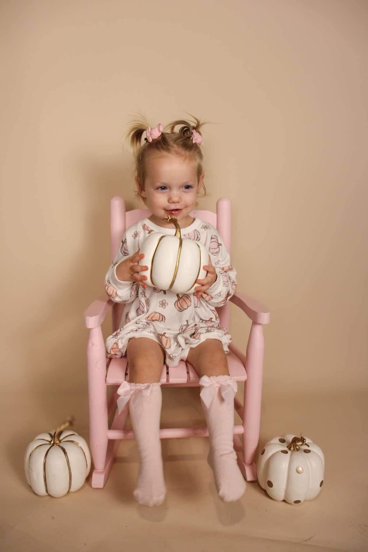 Pastel Pumpkins Bamboo Bubble Romper by Little Joy Co., product view 3