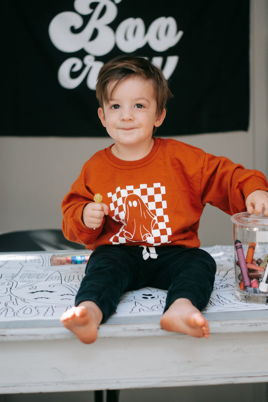 Checkered Ghost Crewneck Sweatshirt - Orange by Little Joy Co., product view 2
