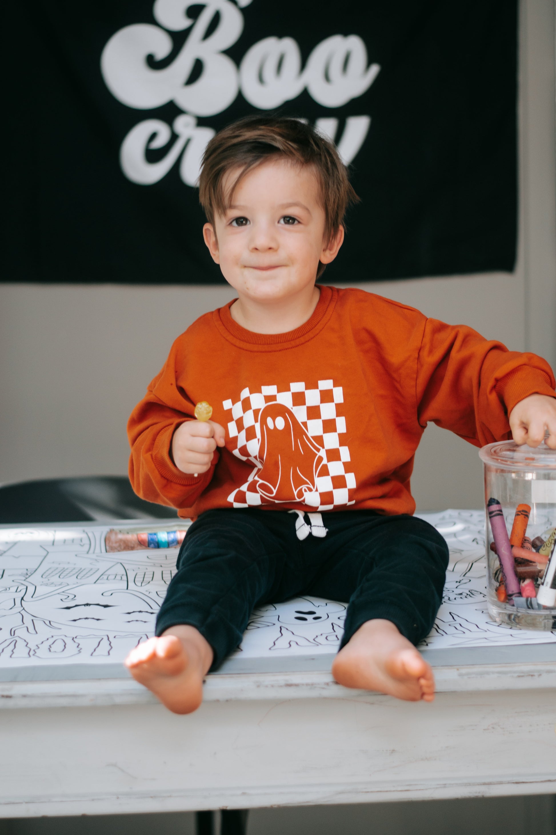 Checkered Ghost Crewneck Sweatshirt - Orange by Little Joy Co., product view 2