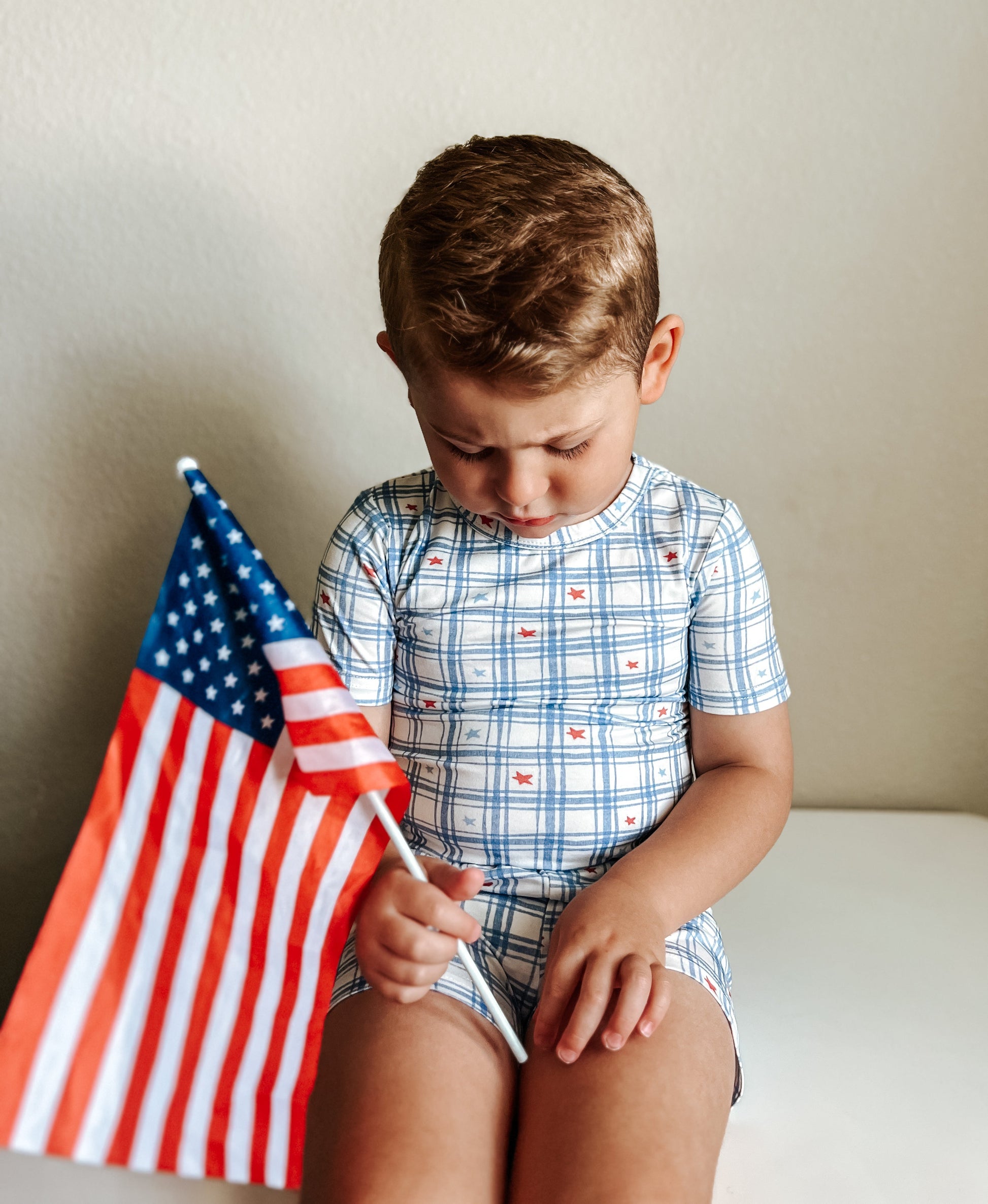 Red White & Blue Stars Gingham 2pc Bamboo Pajamas by Little Joy Co., product view 4