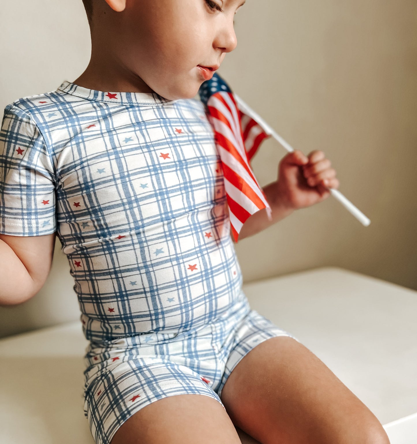 Red White & Blue Stars Gingham 2pc Bamboo Pajamas by Little Joy Co., product view 2