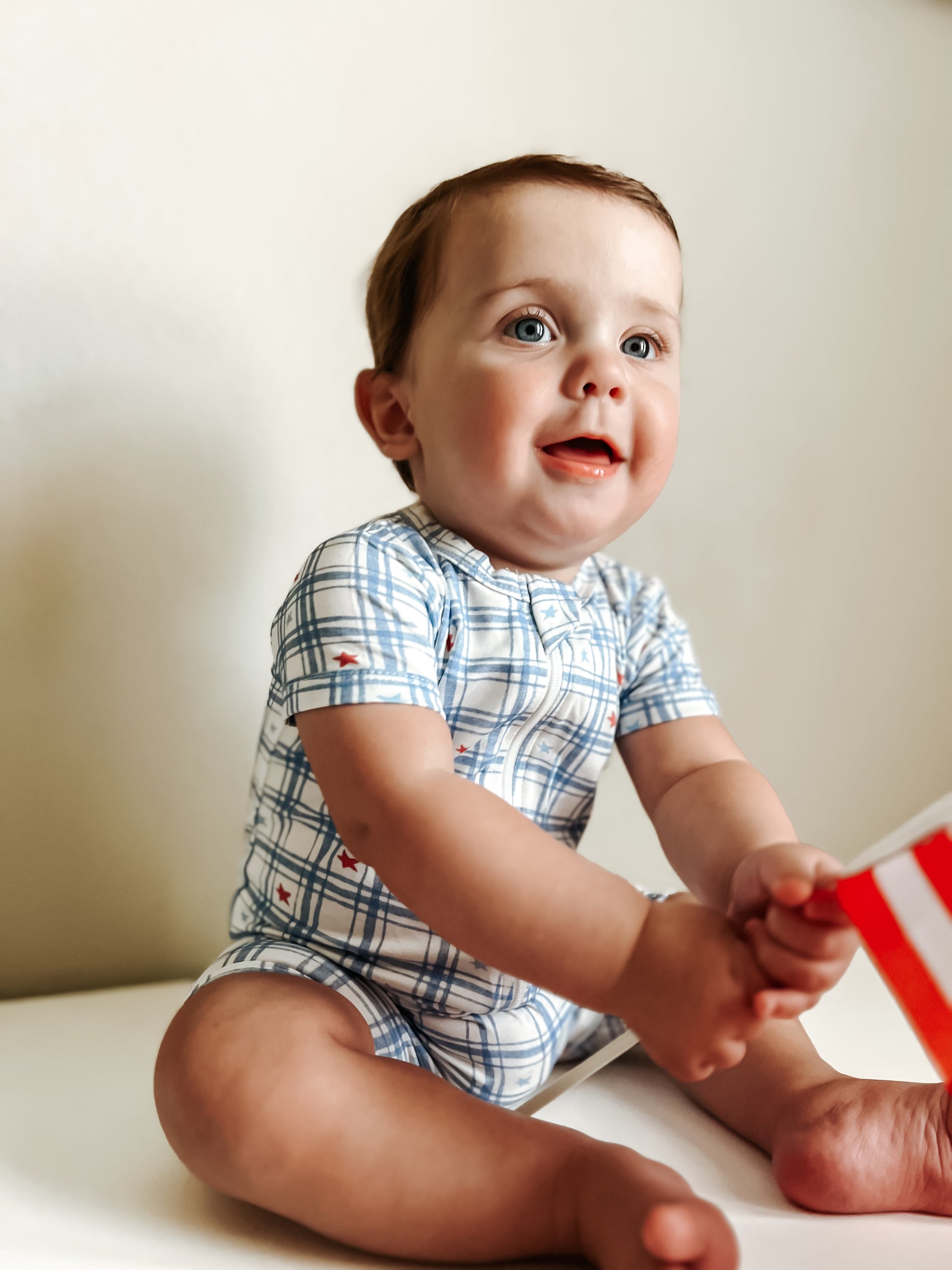 Red White & Blue Stars Gingham Bamboo Shorty Romper by Little Joy Co., product view 4