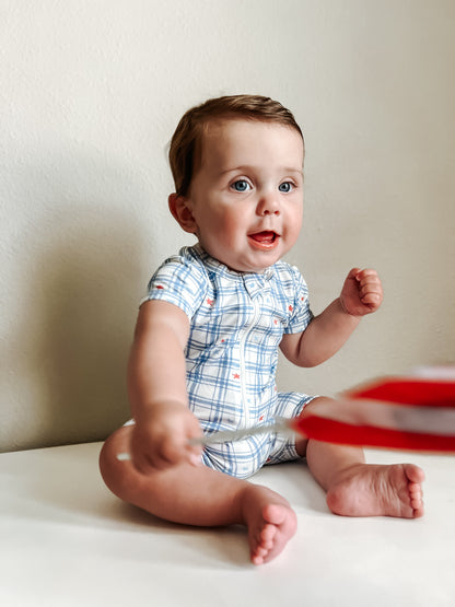 Red White & Blue Stars Gingham Bamboo Shorty Romper by Little Joy Co., product view 5